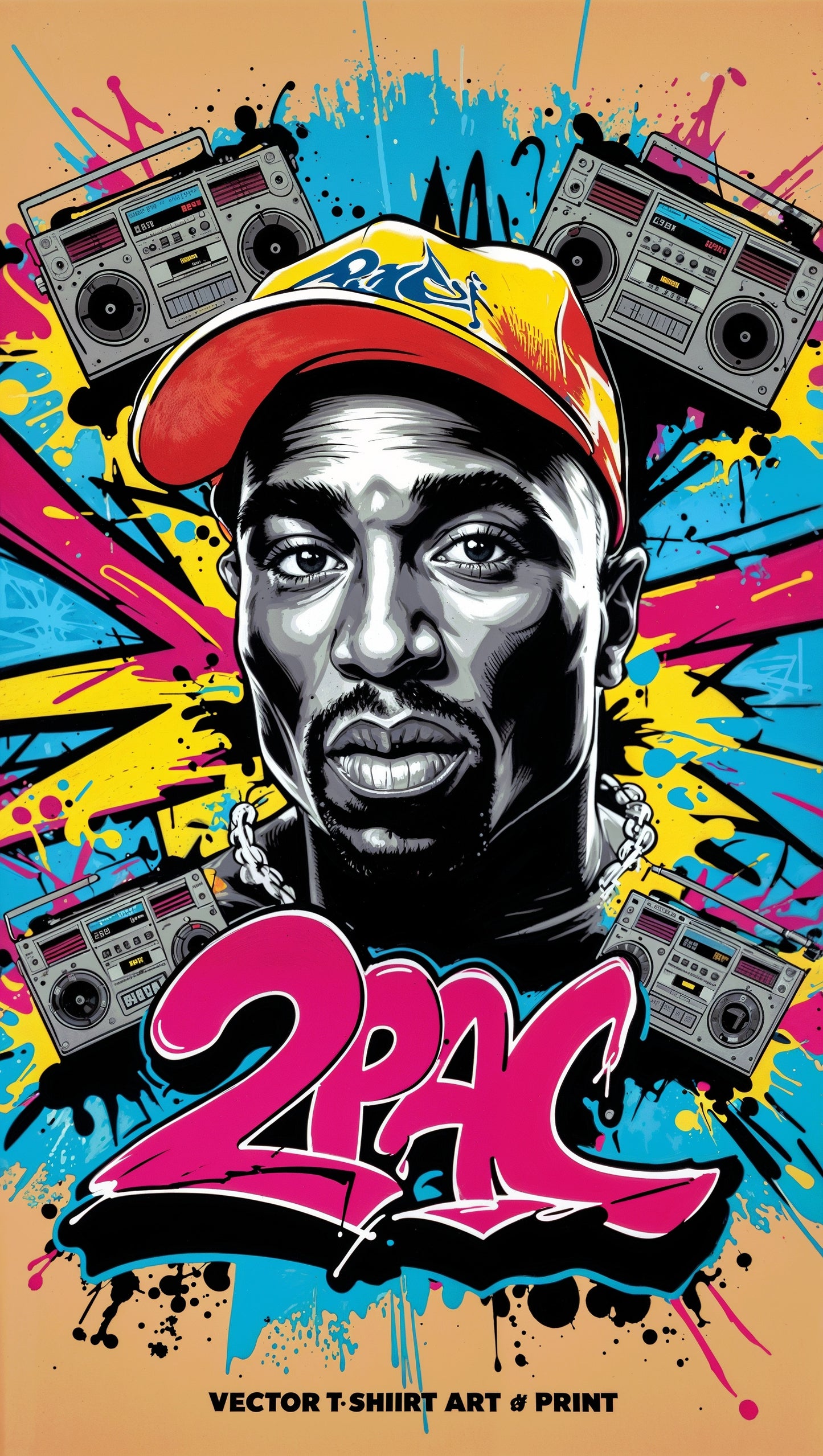 Vibrant 2Pac Graffiti Art Print – Retro Boombox Vibes